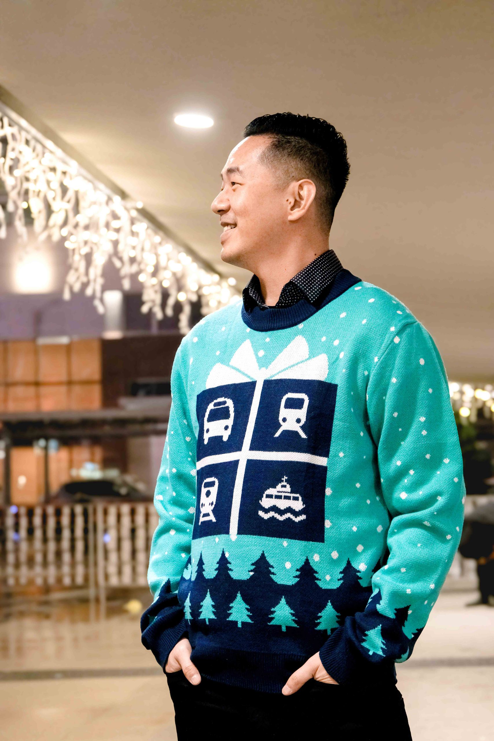 Man wearing the TransLink Holiday Sweater
