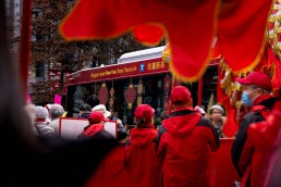Lunar New Year bus during the 2023 Vancouver Chinatown Lunar New Year Parade
