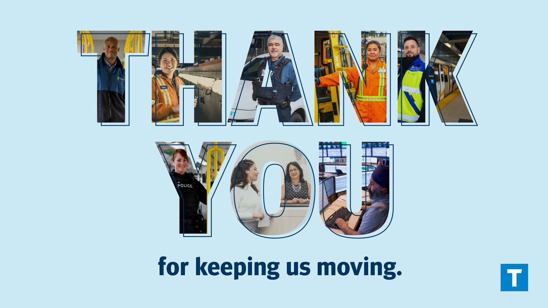 Collage of employee photos and with text saying "thank you for keeping us moving"