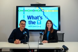 Host Jawn Jang with Laureen Regan, the voice of SkyTrain announcements