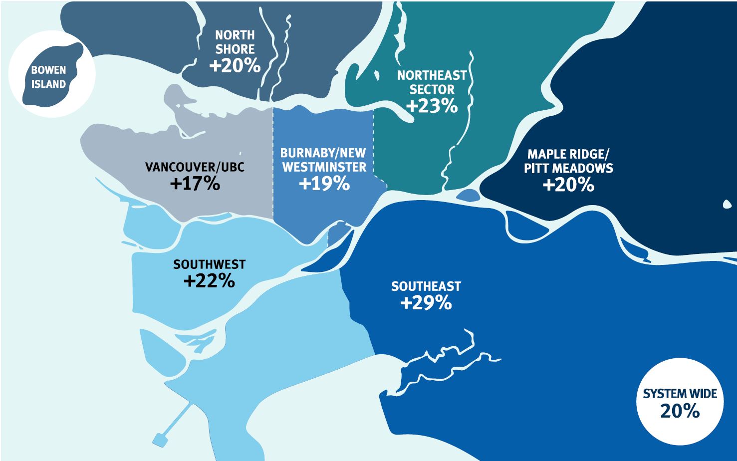 A map showing ridership growth by percentage