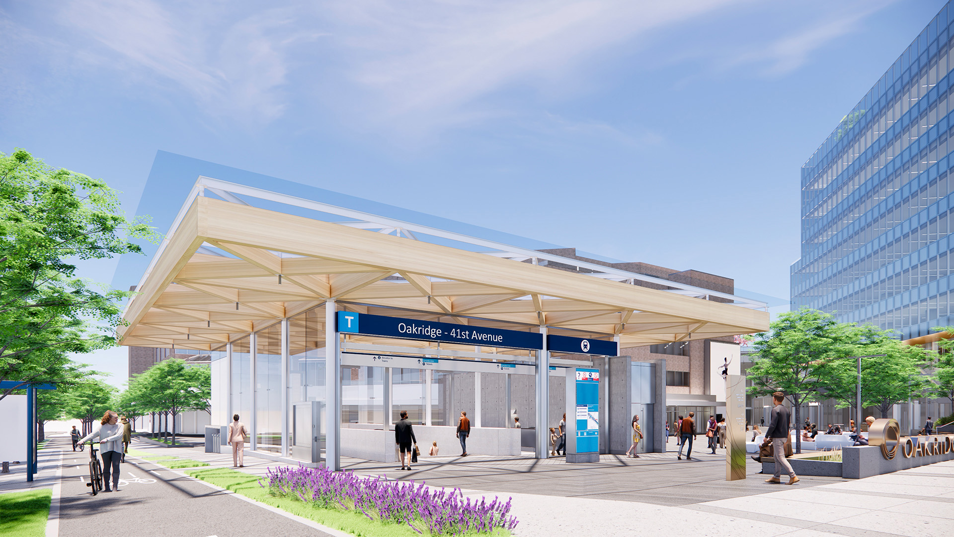 A rendering of the future entrance to Oakridge–41st Avenue Station