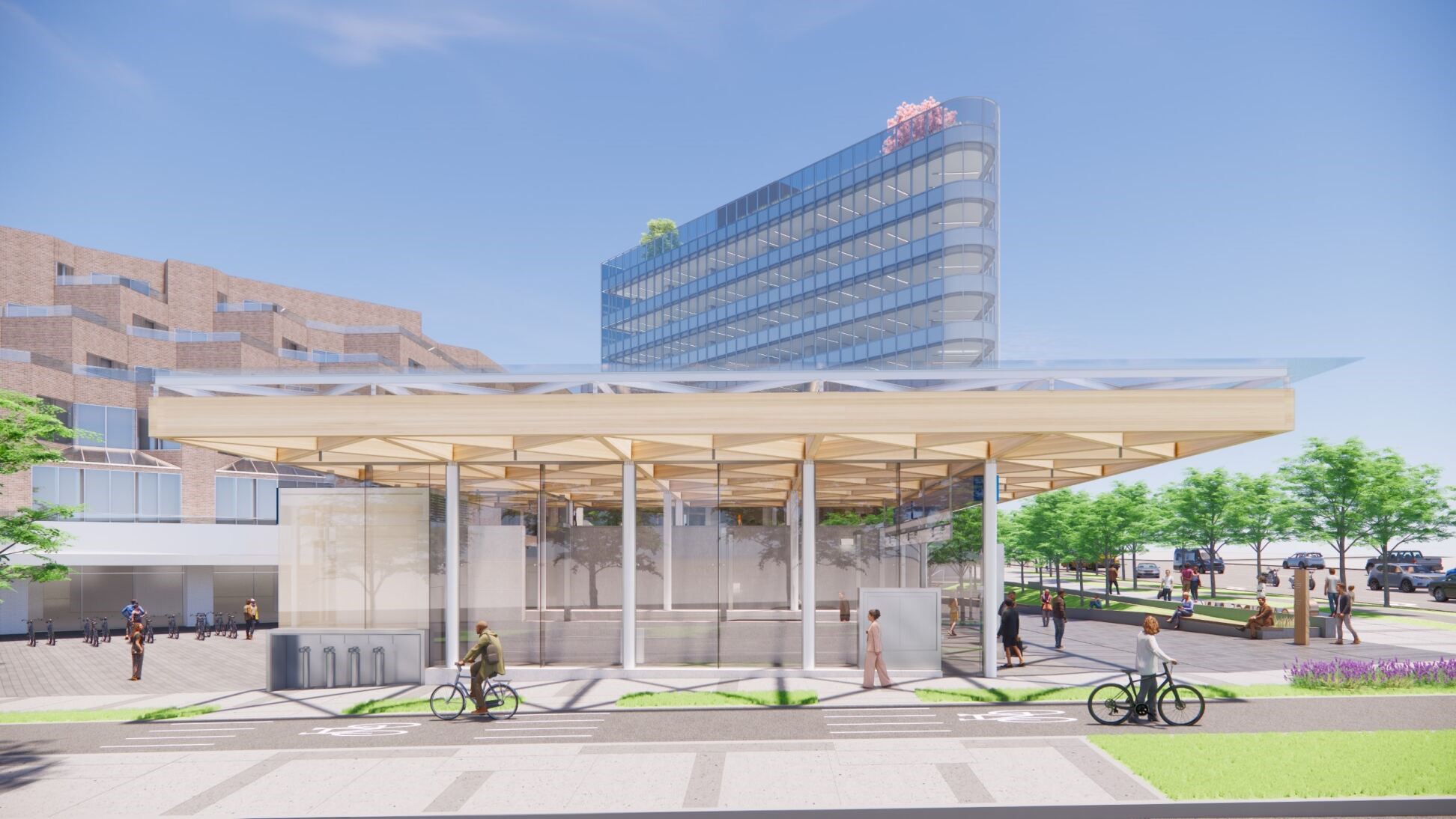 A rendering showing a side view of the upgraded entrance to Oakridge–41st Avenue Station