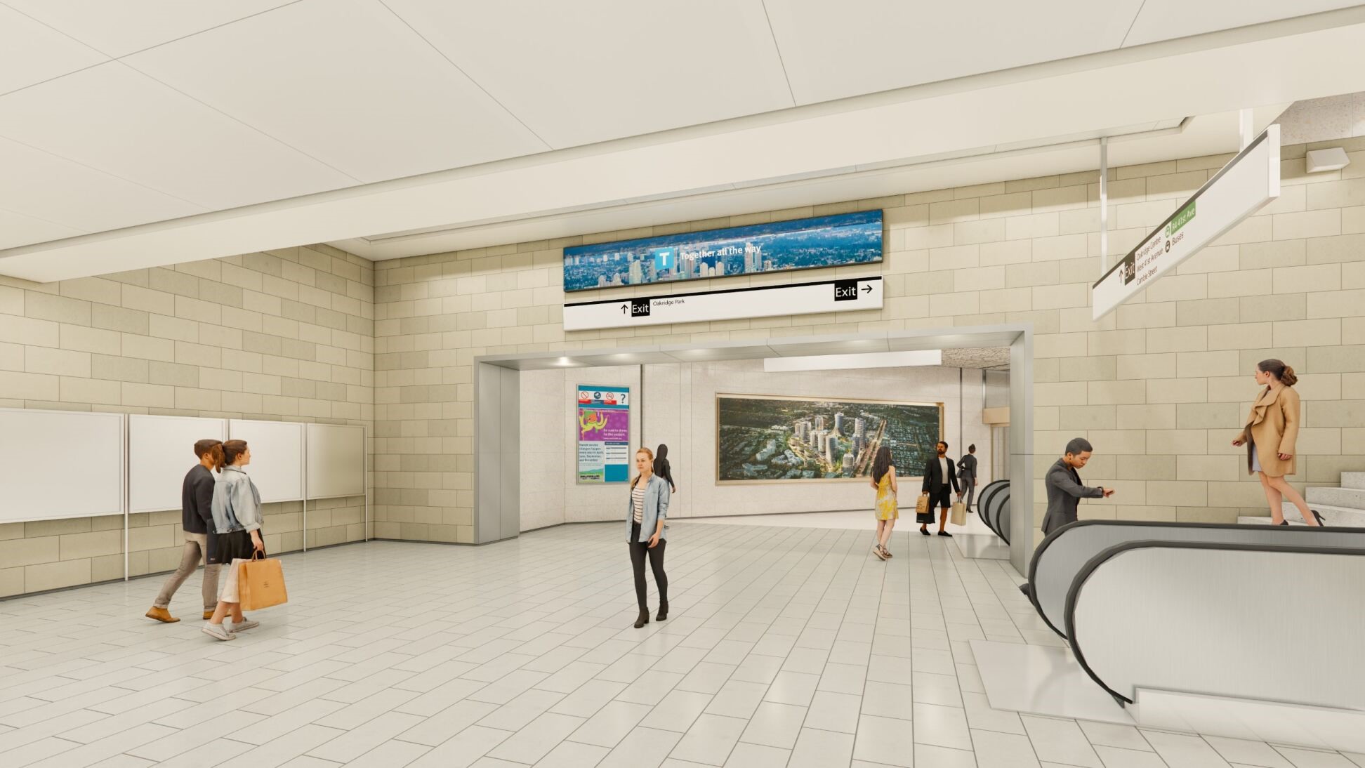 A rendering showing the concourse inside Oakridge–41st Avenue Station