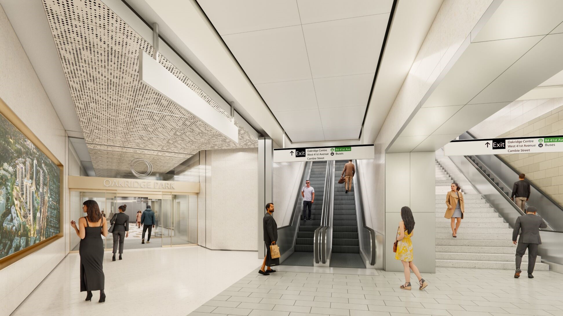 A rendering showing the concourse of Oakridge–41st Avenue Station with a connection to Oakridge Park