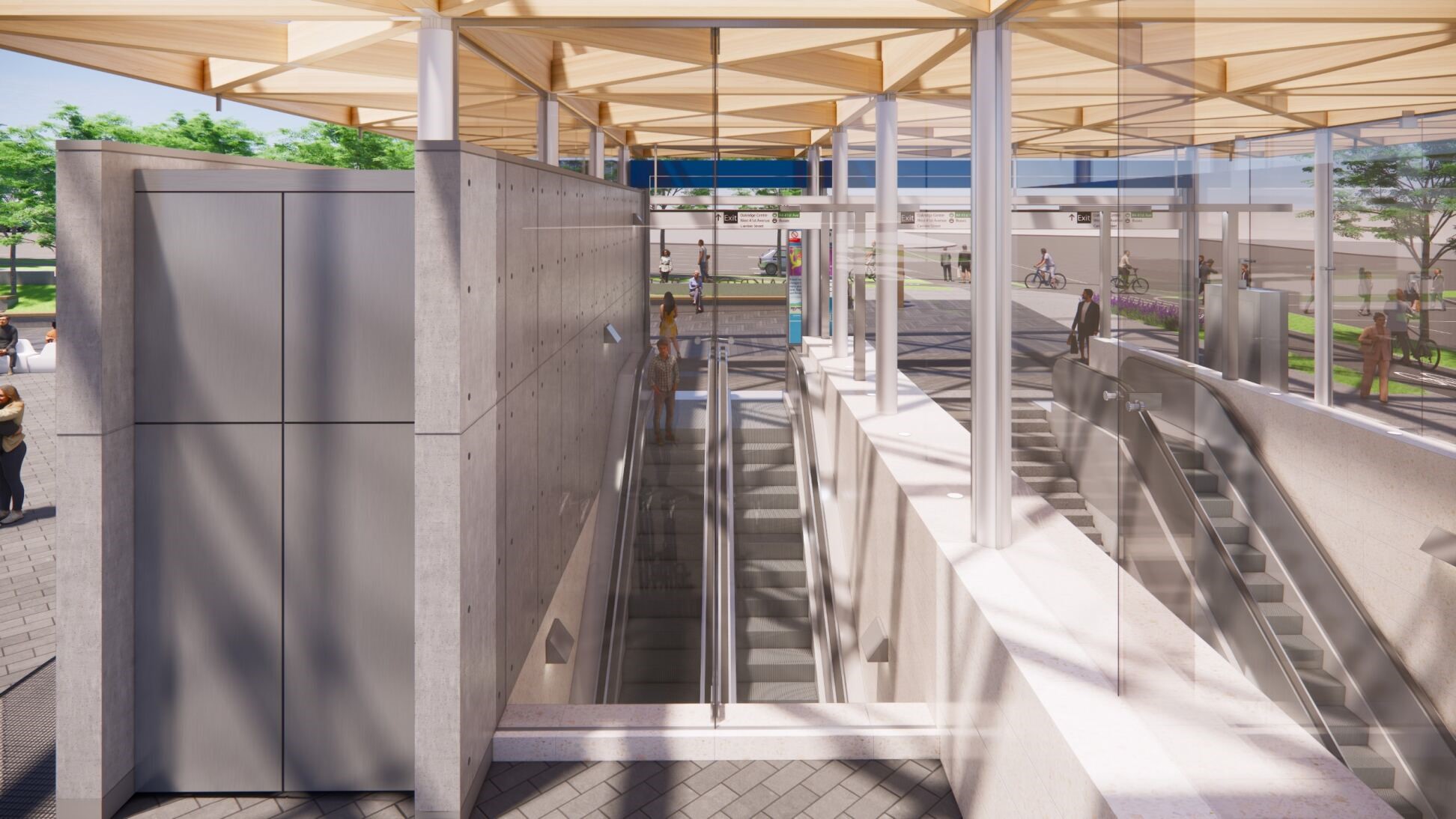 A rendering showing the new escalators into Oakridge–41st Avenue Station