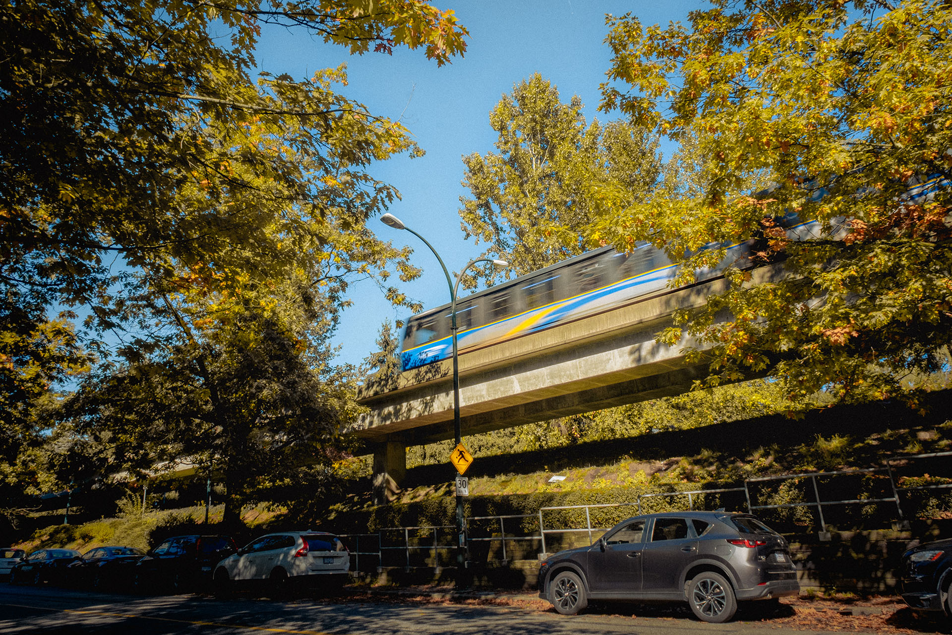 SkyTrain on the overhead guideway above BC Parkway