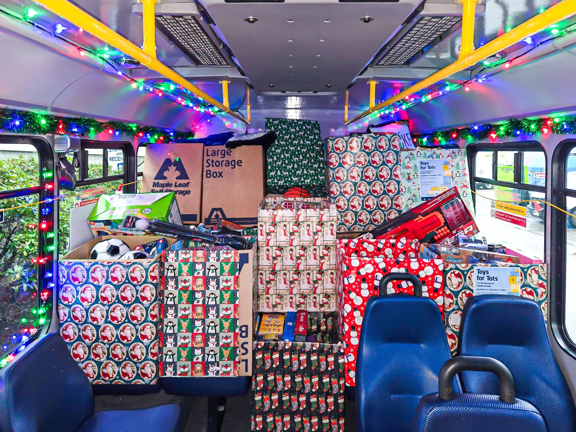 TransLink's Reindeer Shuttle is shown stacked to the top with toy donations for the Toys for Tots program