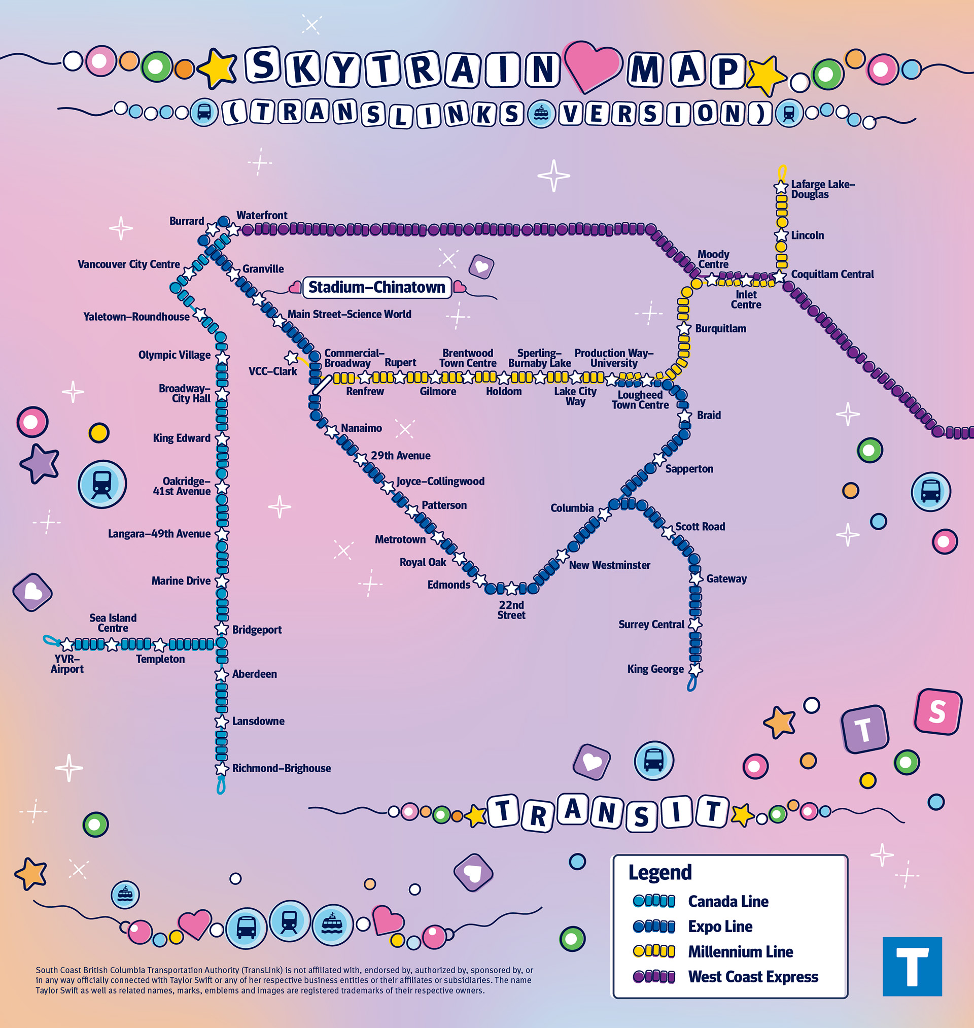 The SkyTrain map reimagined into friendship braclets