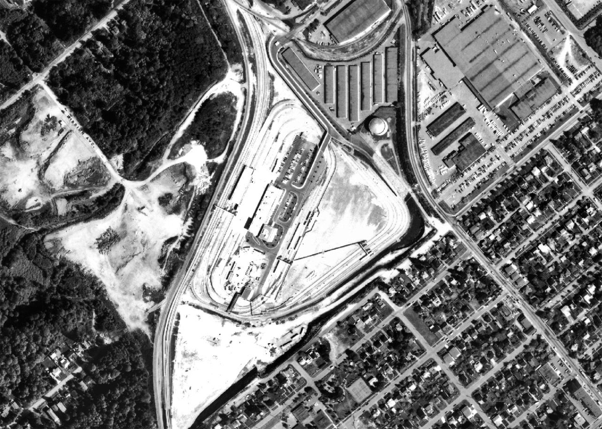 Aerial, satellite-like view of SkyTrain's Operations and Maintenance Centre in 1985