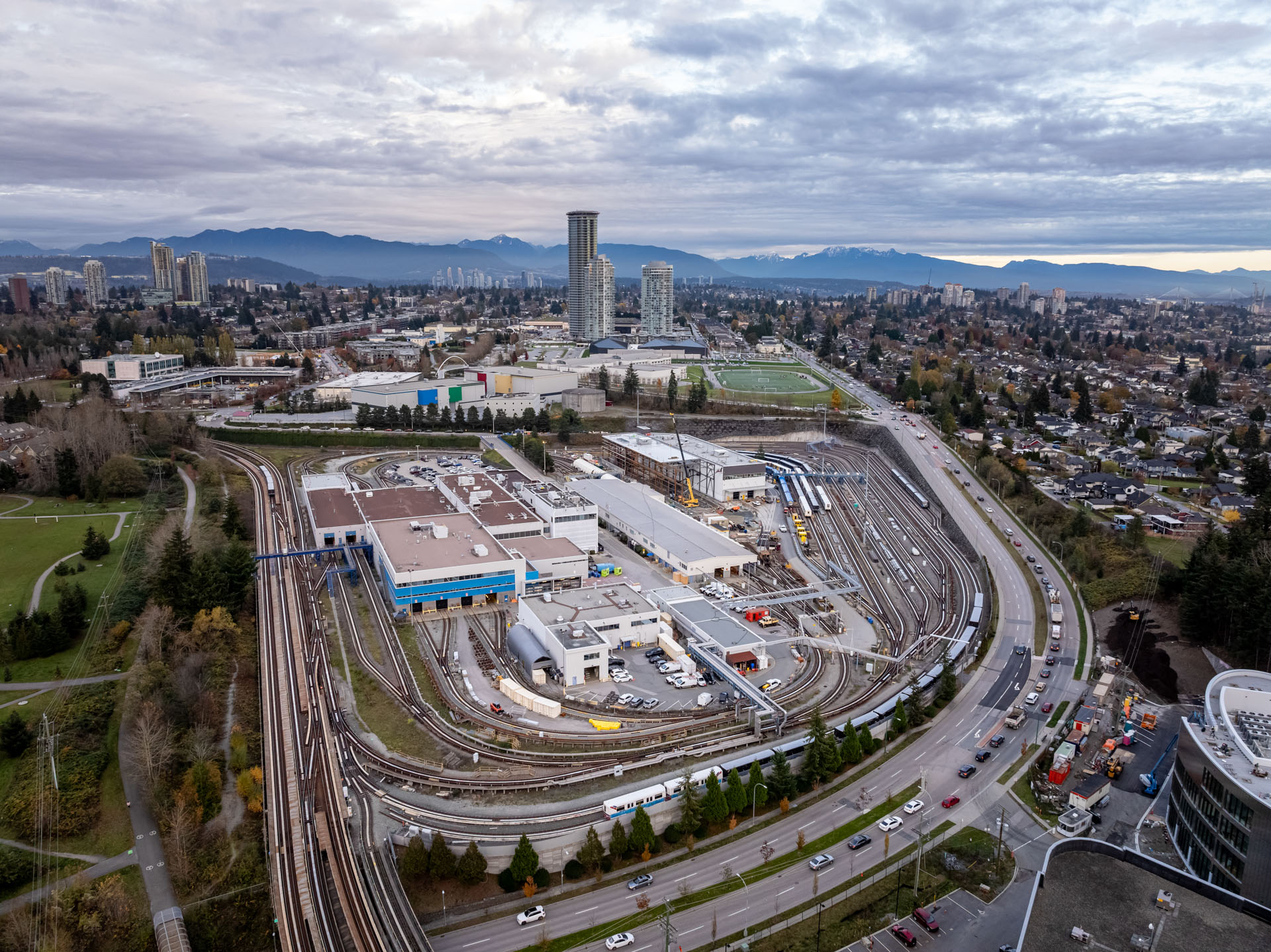 Aerial of the SkyTrain operations and maintenance centre in late 2024.