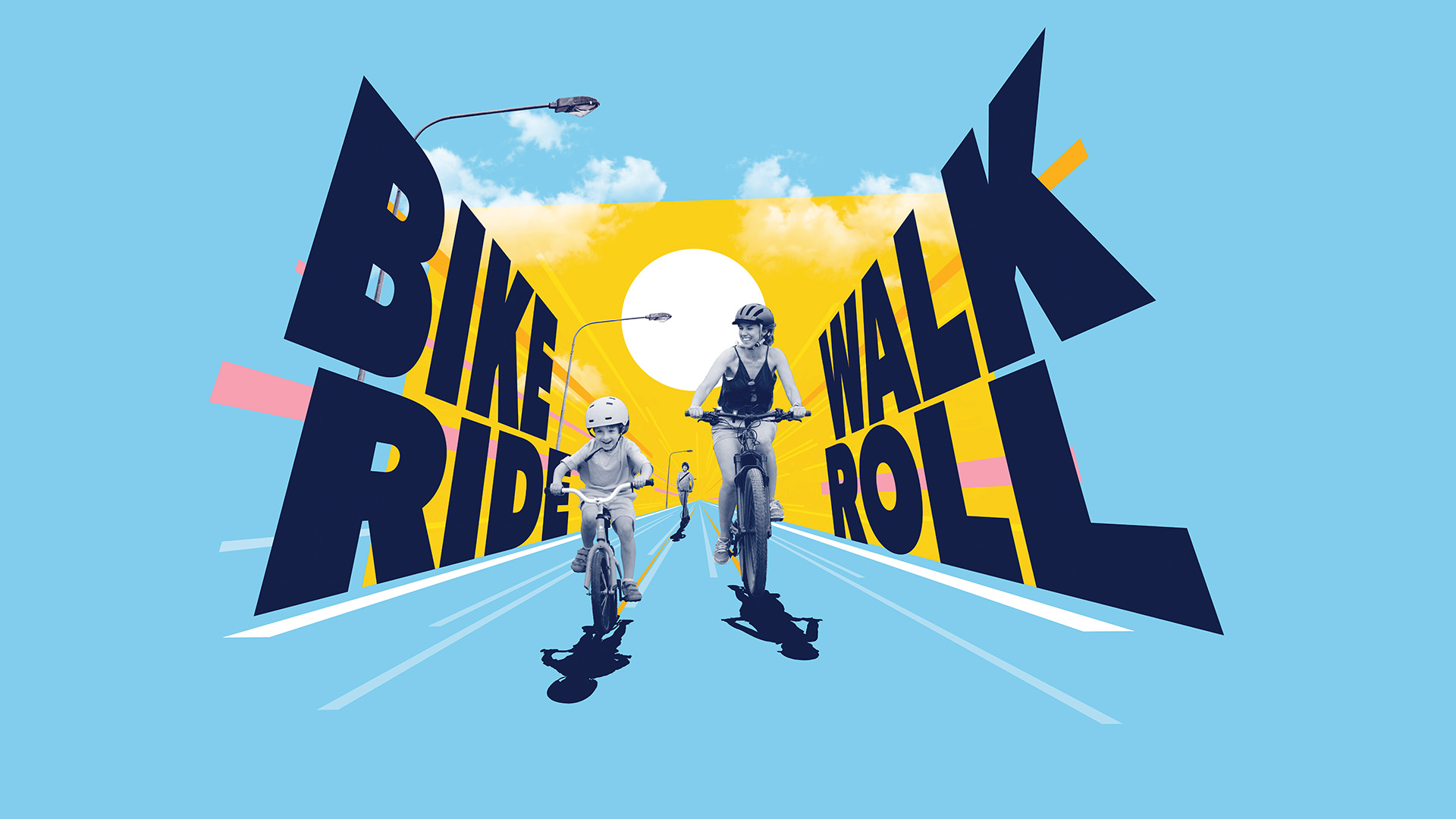 The Bike, Walk, Ride and Roll graphic with blue background