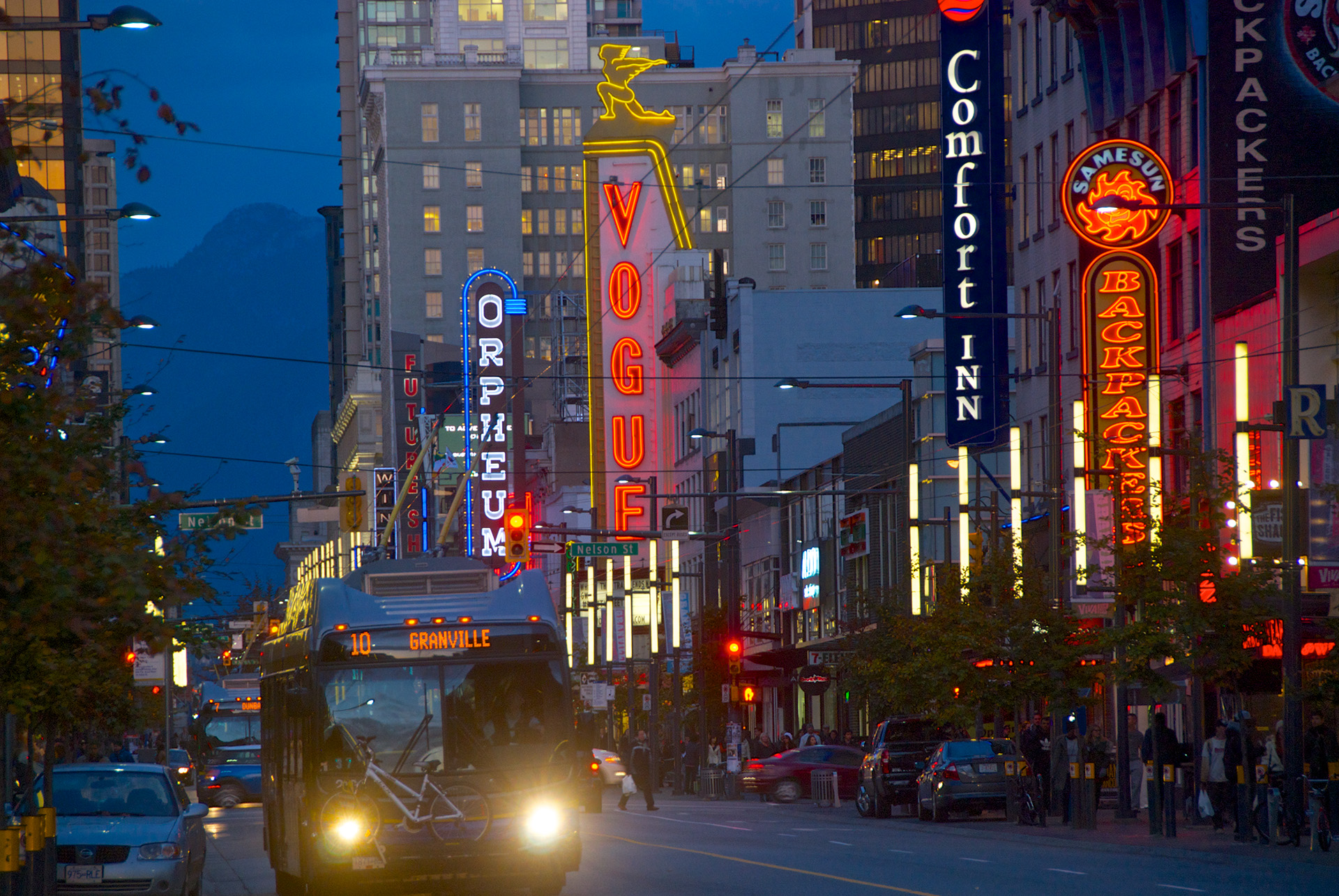 The 10 Granville bus along Granville Street where the Orpheum and Vogue Theatres are