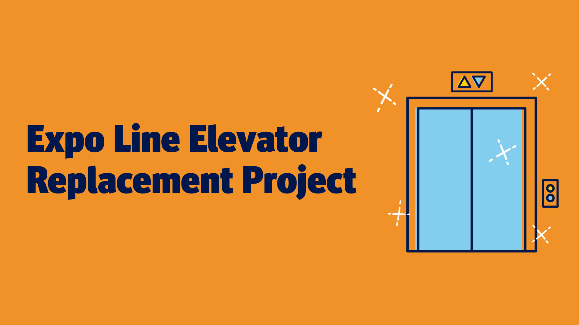 Text reading 'Expo Line Elevator Replacement Project' next to a simple illustration of an elevator with closed doors and directional arrows, on an orange background.
