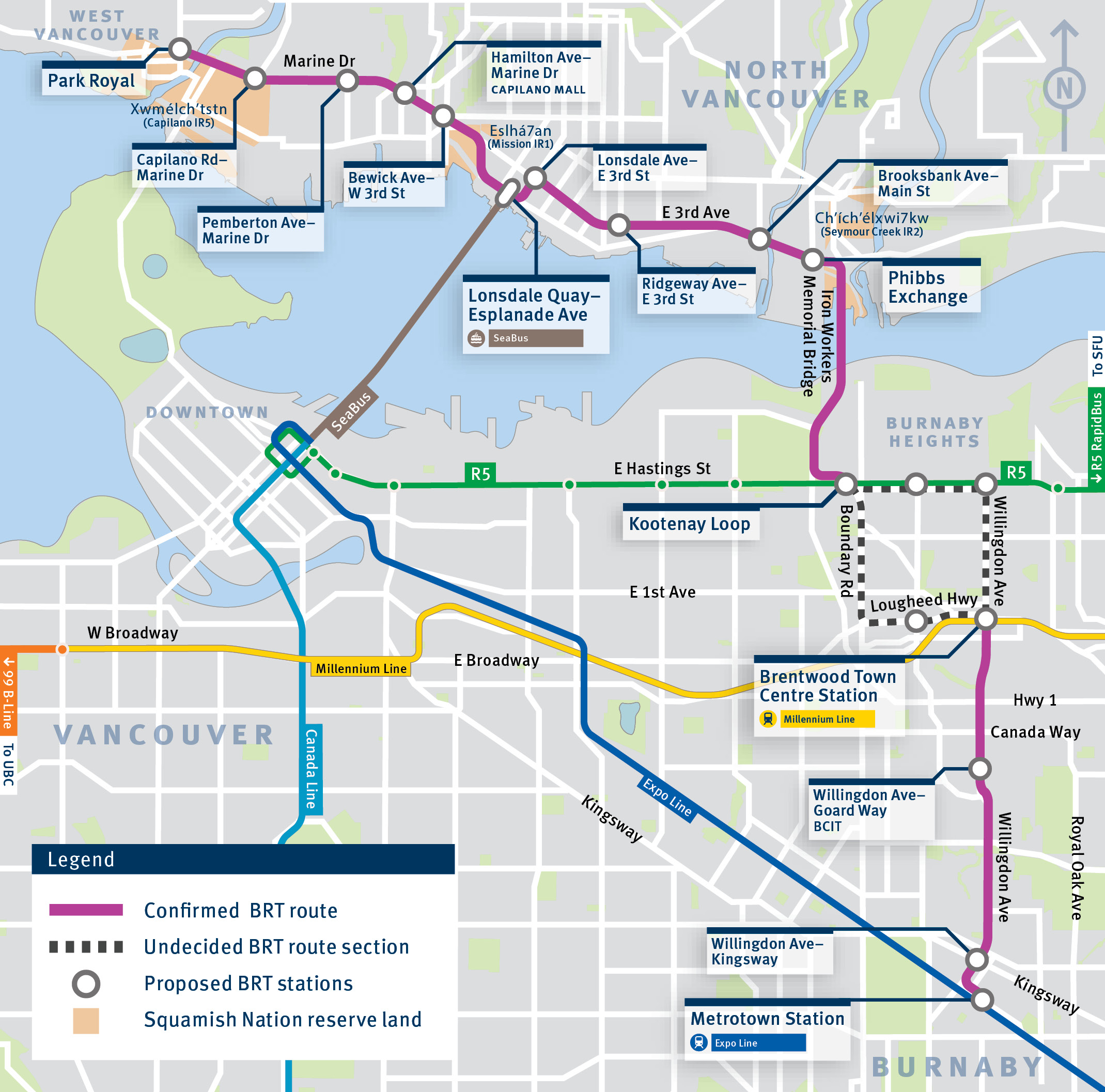 Map of the planned Metrotown-North Shore Bus Rapid Transit route