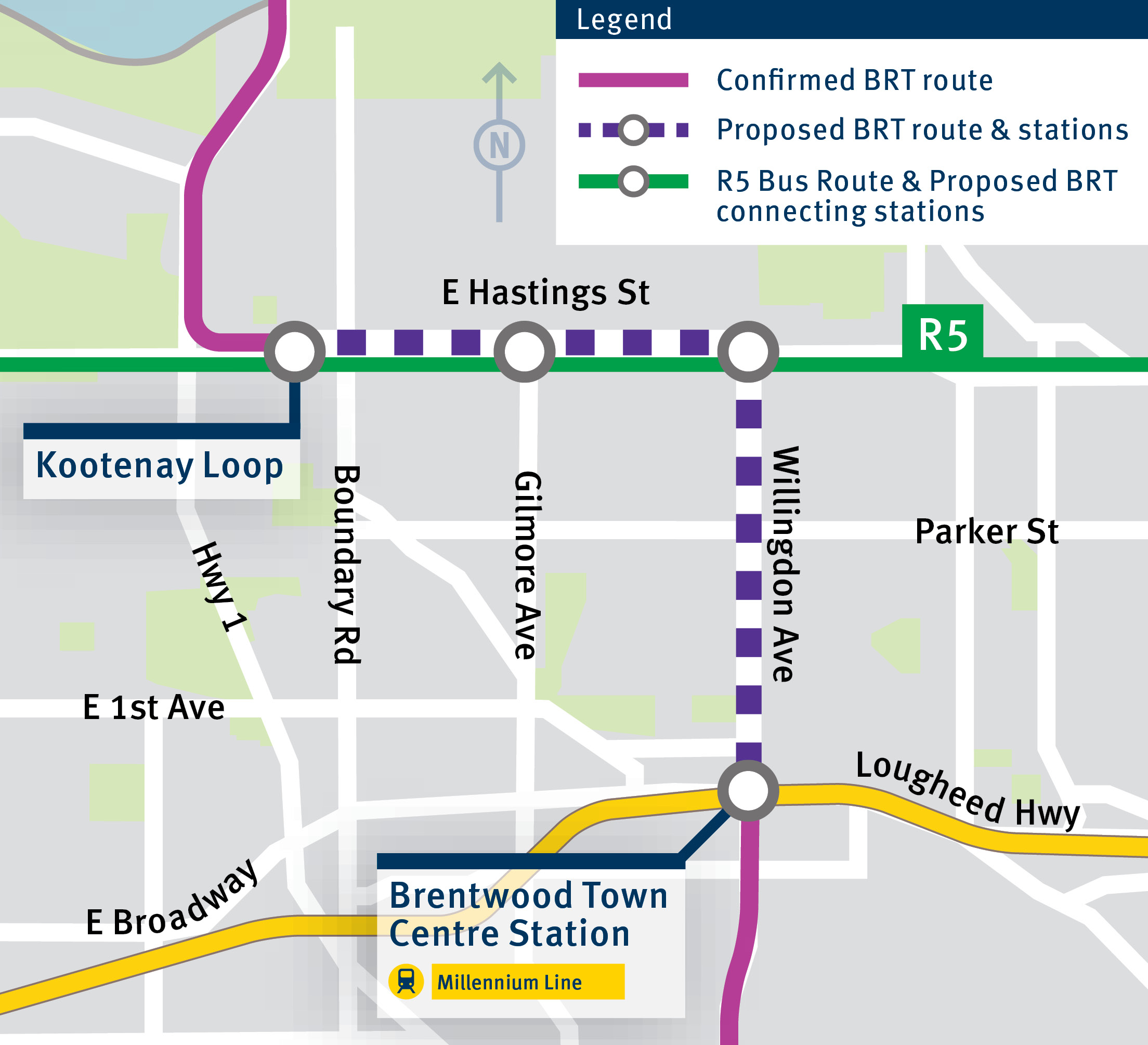 A map showing the option connecting via Hastings Street and Willingdon Avenue.