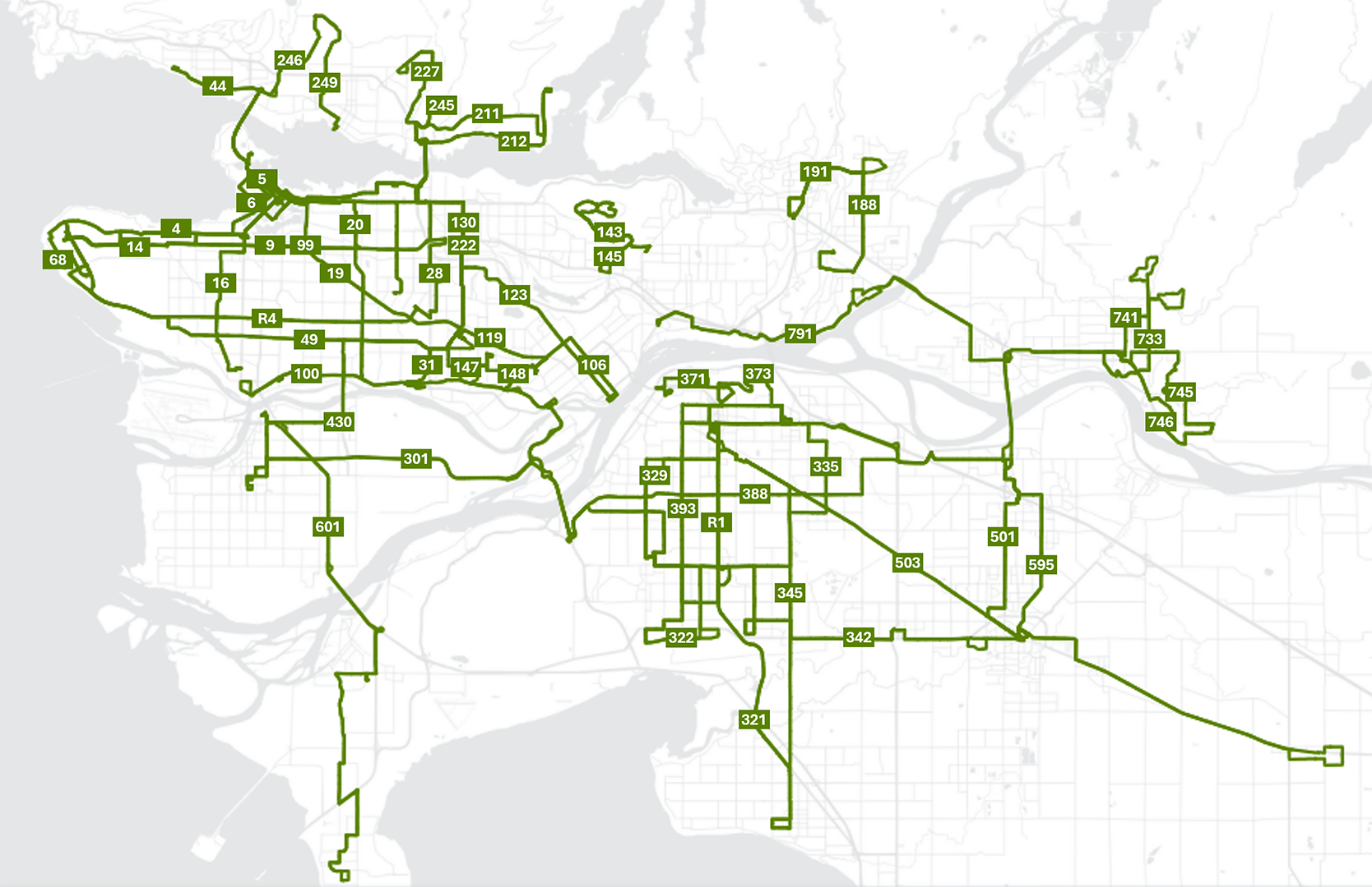 Map with all routes TransLink is increasing or reintroducing service on in fall 2025