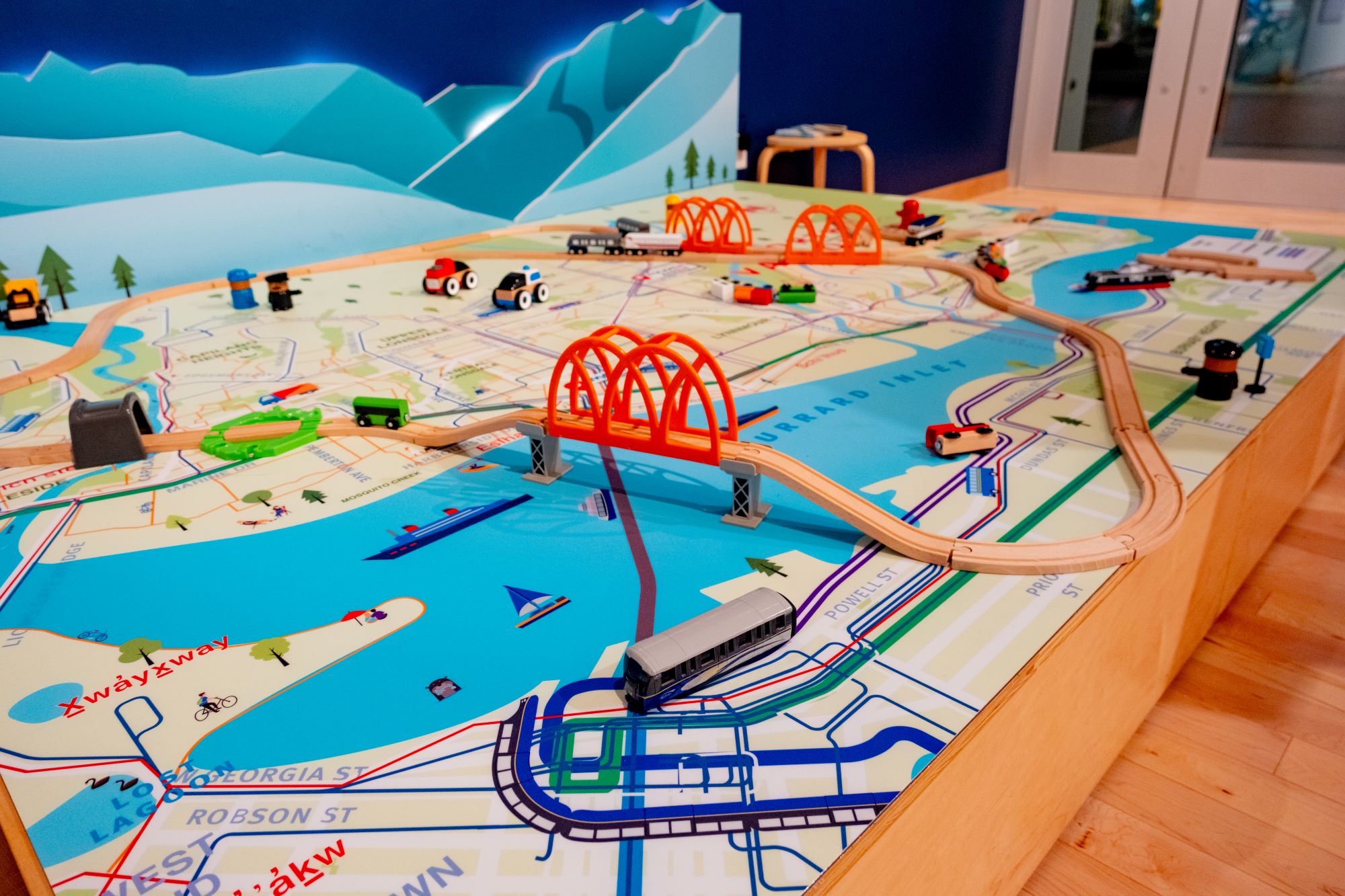 Interactive play area with giant Metro Vancouver transit map at MONOVA