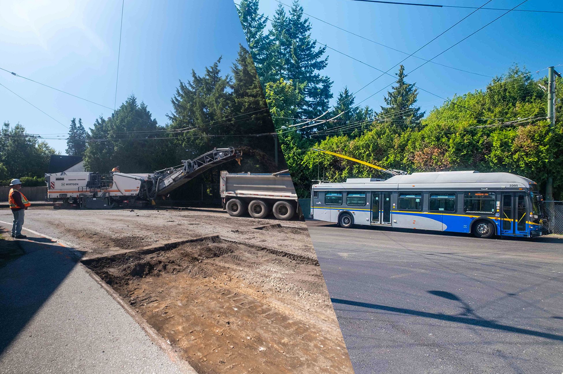 before and after photo of bus loop repaving at Dunbar Loop