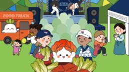 Festival scene with a food truck, people enjoying food, a stage with K-pop and breakdance performers, and a Hanbok experience booth.