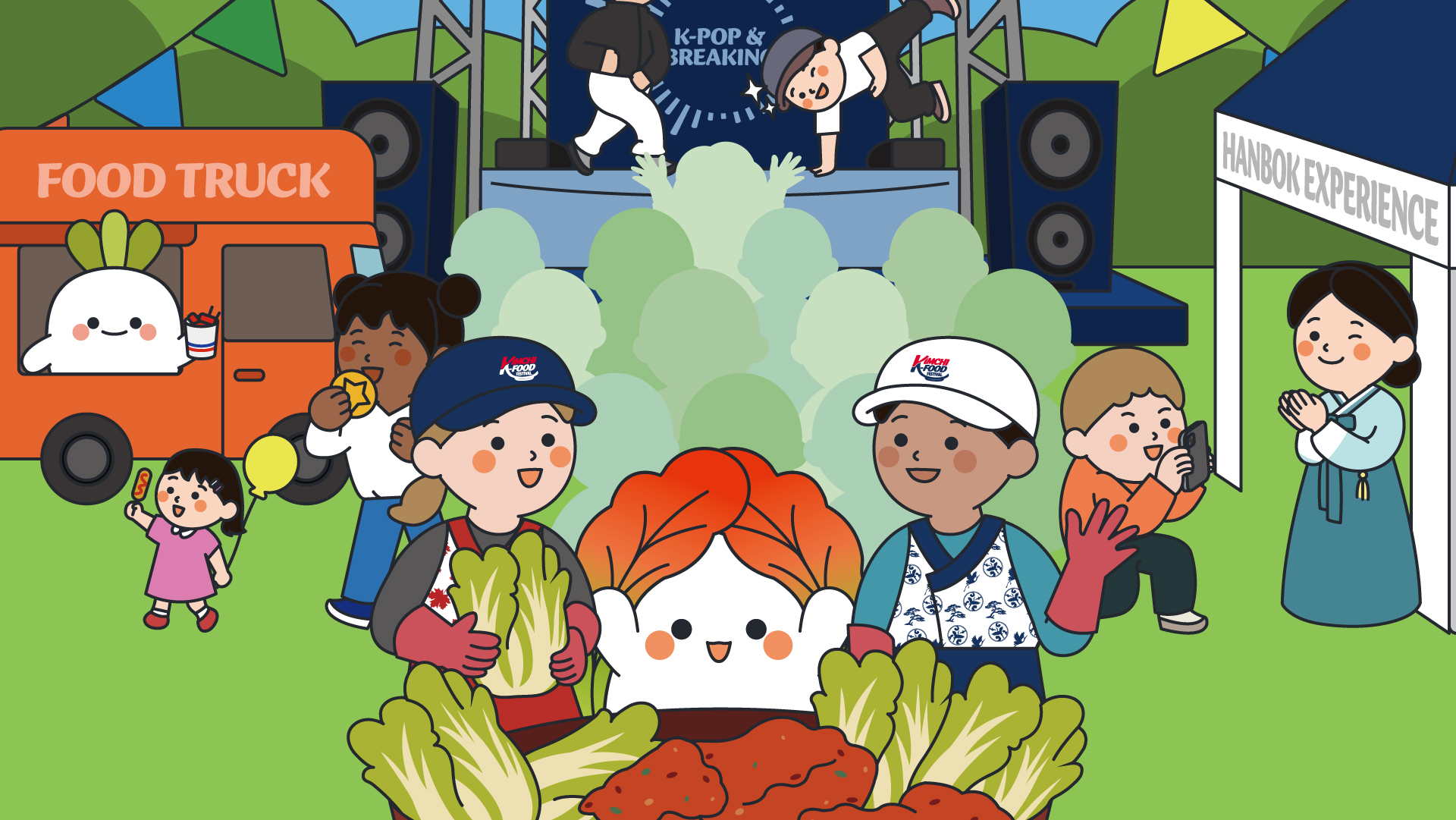 Festival scene with a food truck, people enjoying food, a stage with K-pop and breakdance performers, and a Hanbok experience booth.