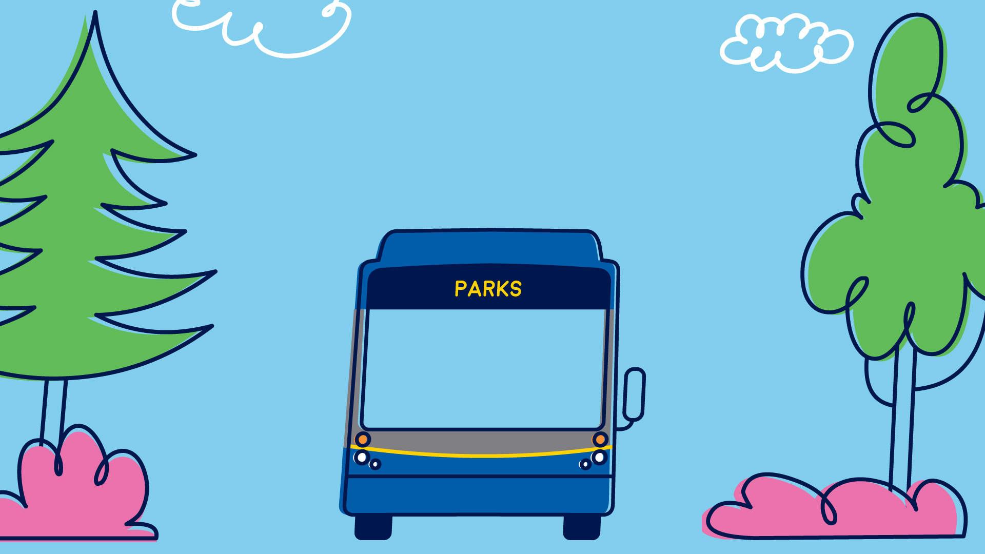 An illustration of a bus displaying Parks on its destination sign with trees around it