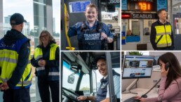 Collage of six images showing transit staff in various customer‑service roles, including SkyTrain staff talking inside a station, a Transit Security officer on a bus, a SeaBus staff member in the terminal, a bus operator in the driver’s seat, and an office staff member assisting customers by phone.