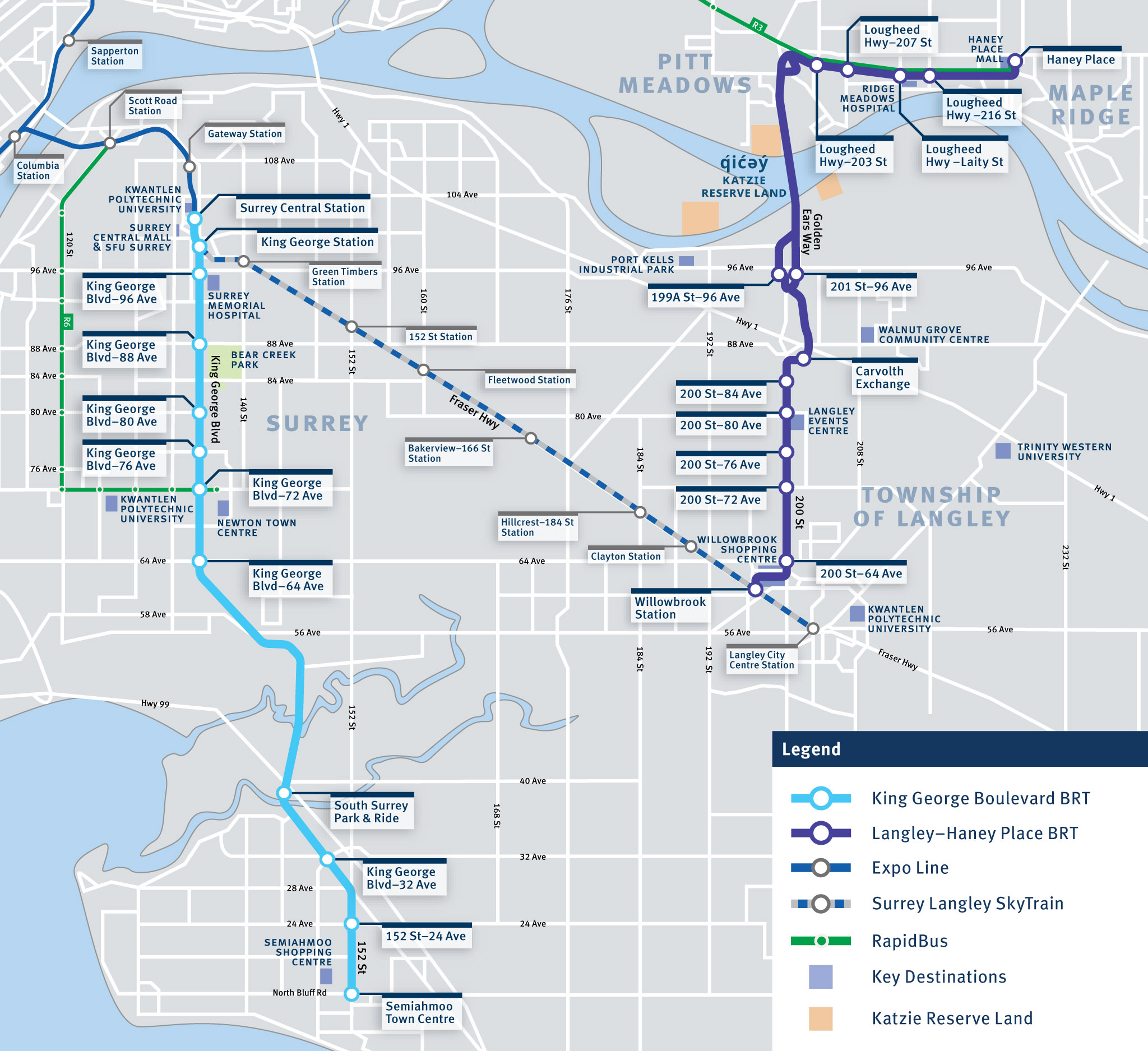 Map showing the King George Boulevard and Langley–Haney Place BRT corridors