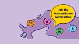 Map illustration of Delta, Langley, Surrey, and White Rock with icons for cycling, transit, driving, and walking, alongside a large speech bubble reading 