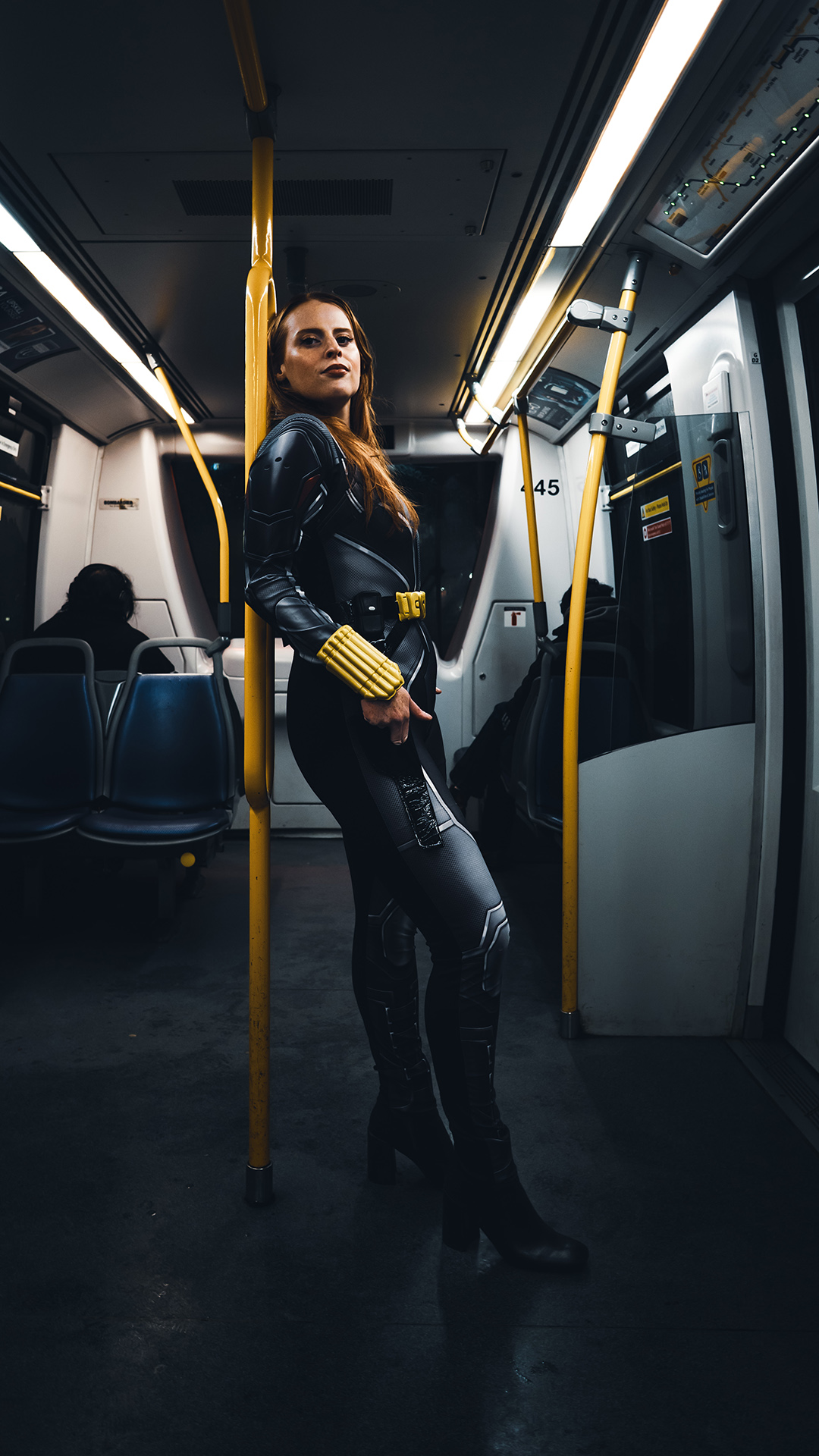 Transit rider and cosplayer dressed as Marvel superhero Black Widow
