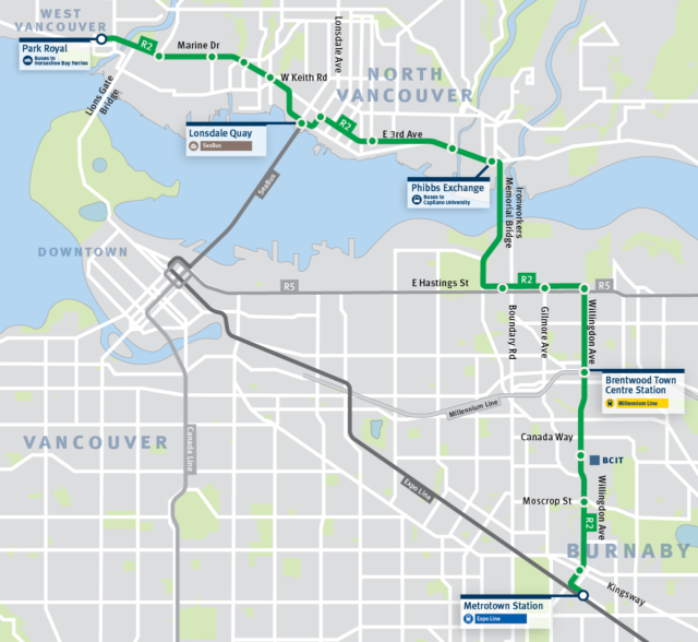 A map showing key destinations along the R2 Marine–Willingdon RapidBus route