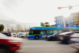 The R2 RapidBus travelling eastbound on Marine Drive in North Vancouver