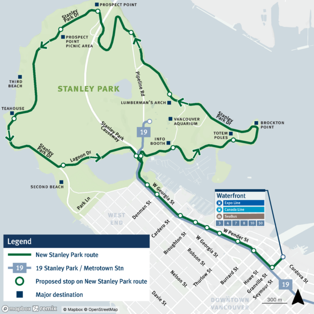 Map of a proposed new seasonal Stanley Park bus route in Vancouver. The green route begins near Waterfront Station downtown, travels along West Georgia Street into Stanley Park, then loops counterclockwise around the park via Stanley Park Drive.