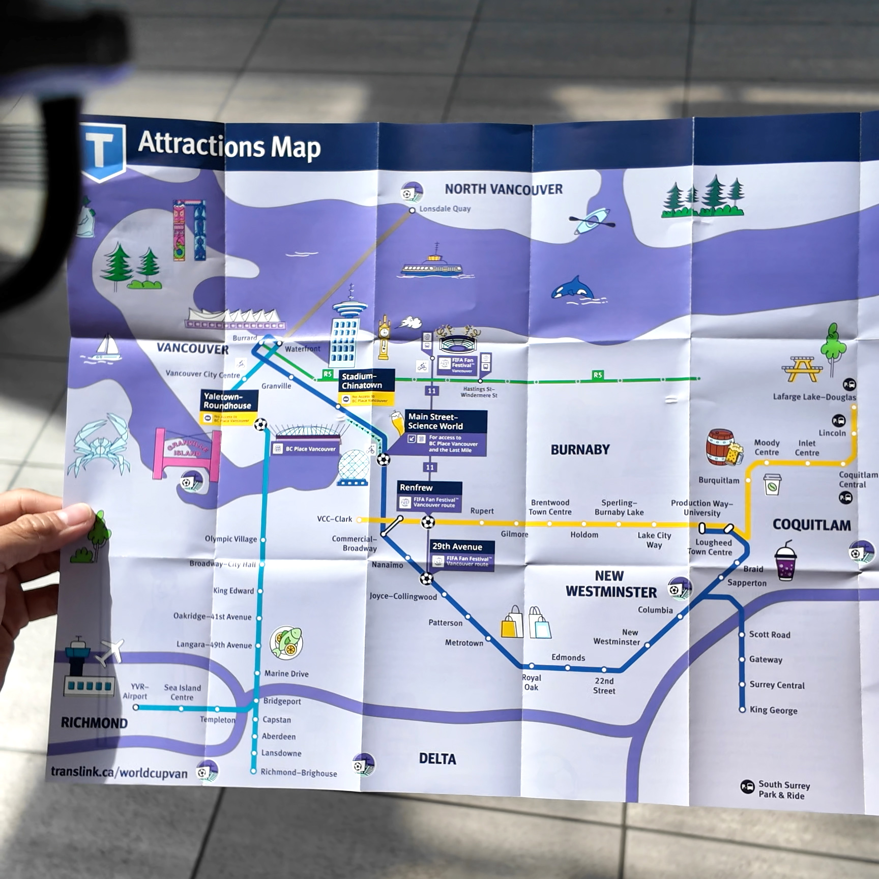 Map shows the transit-accessible attractions to visit in Metro Vancouver