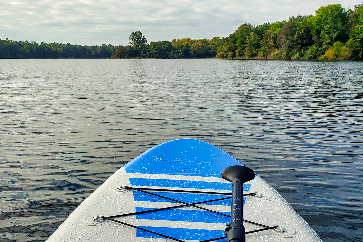 Tip of the paddleboard overlooking a lake