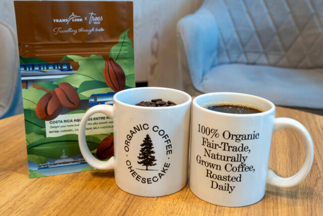 A bag of Trees x TransLink coffee is shown next to two mugs, one filled with coffee beans, and one with hot coffee. 